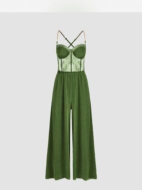 Cider Olive Green Lace Bodice Wide-Leg Jumpsuit